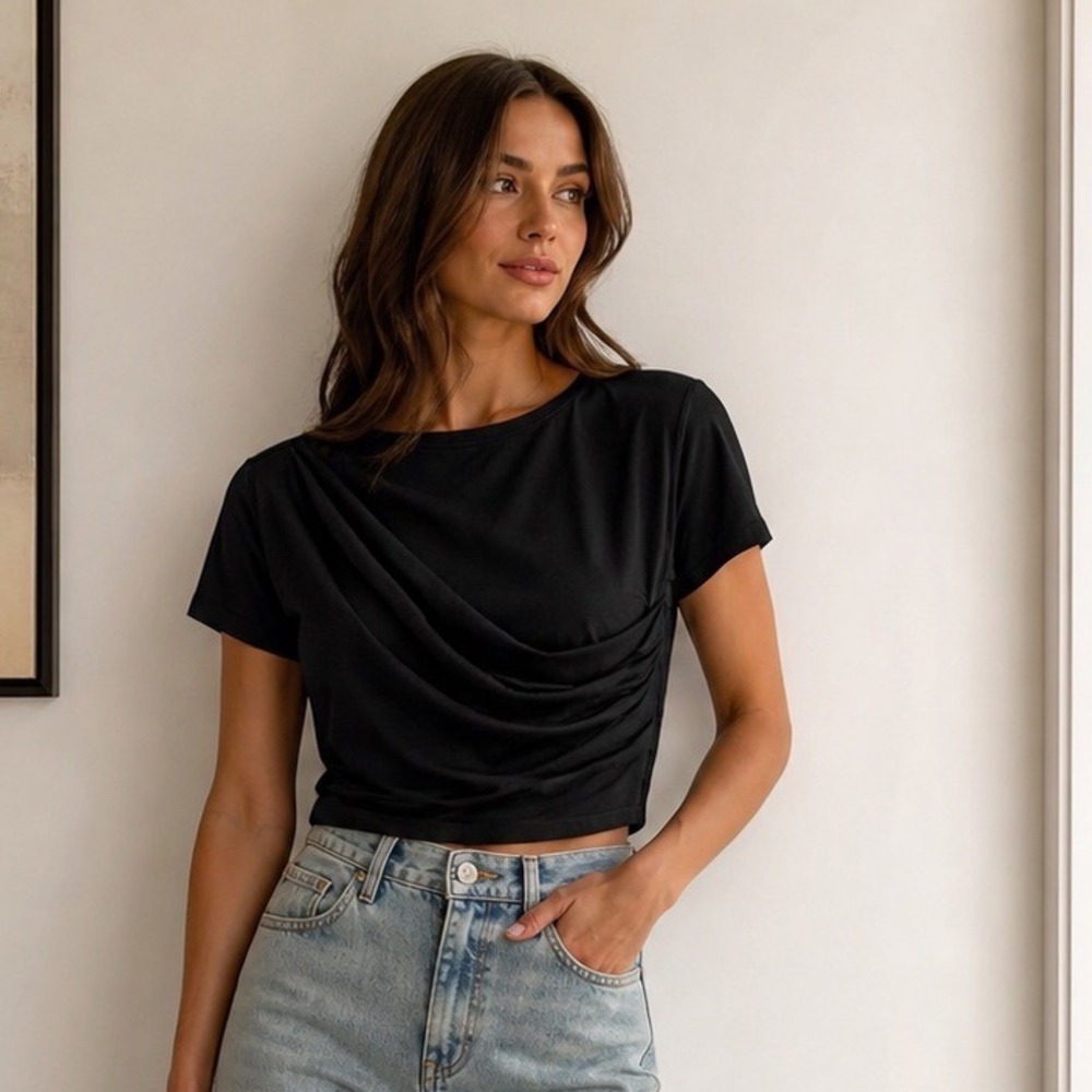 Paule Ka Draped Front Top‎ Womens Fits S-M Tag L Black Short Sleeve Pleated Tee